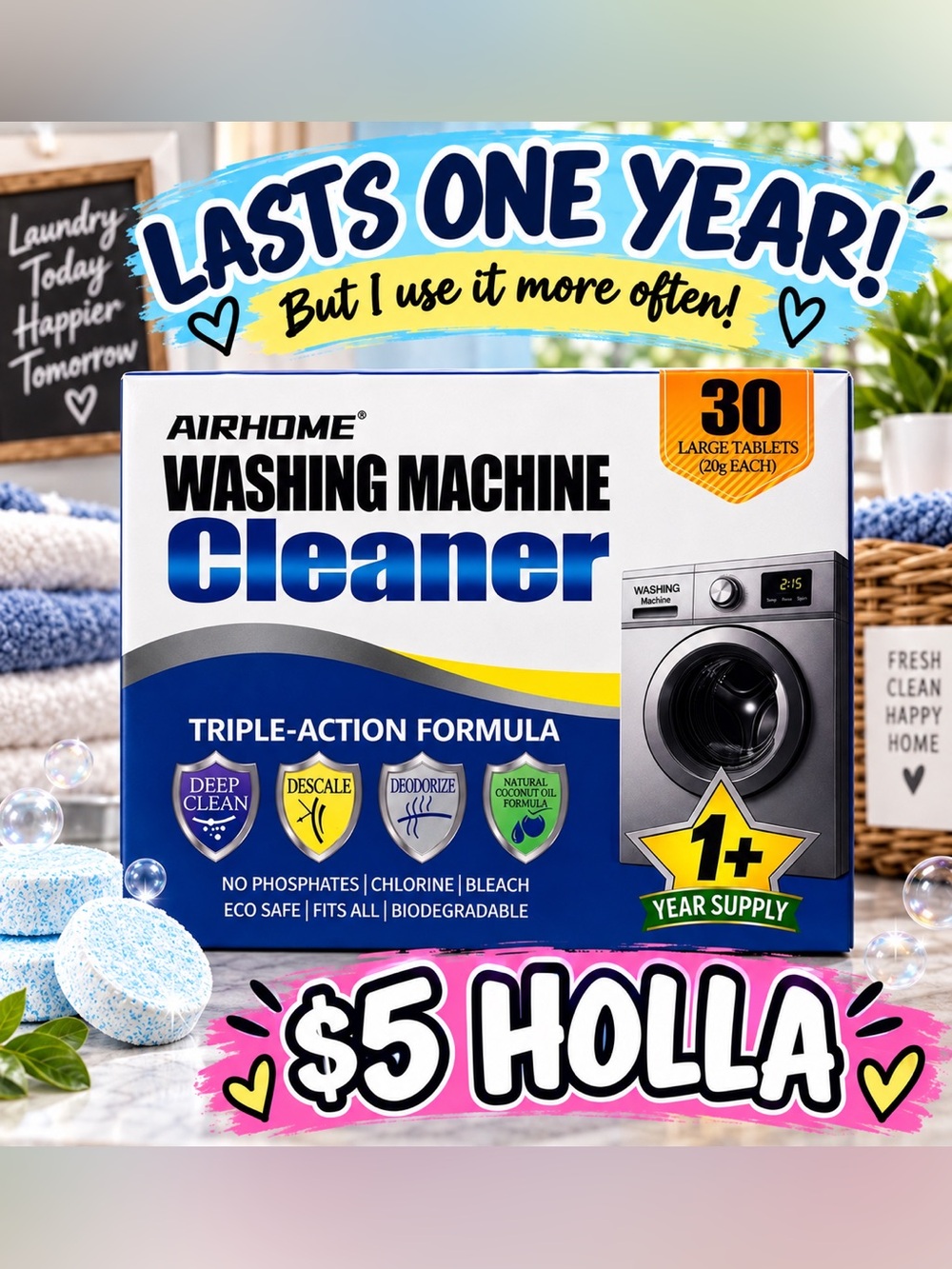 1 year supply washing  Machine Cleaner Tablets -30 count